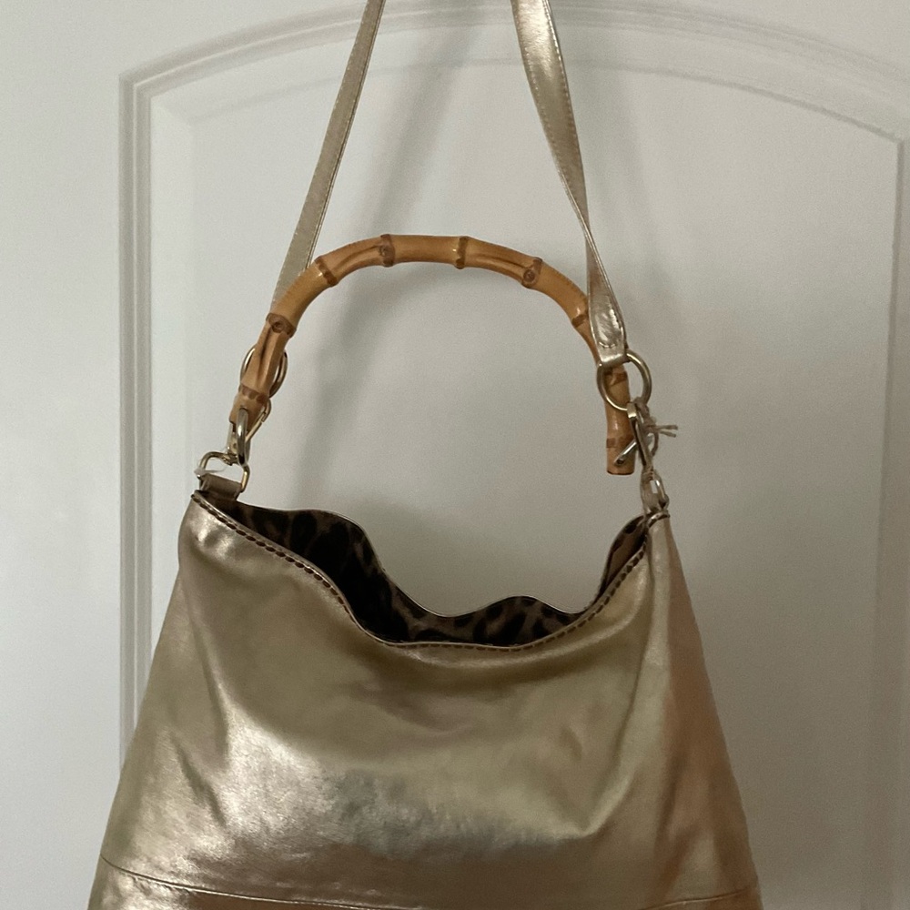 Plinio Visona Gold Leather Shoulder Bag with Bamboo Handle that can be removed.